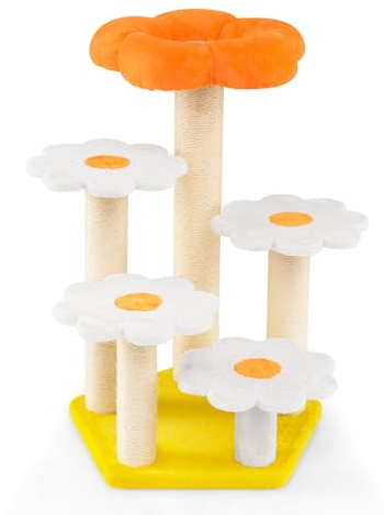 GYMAX Arbre à Chat Fleur à 5 Niveaux avec Perchoir Supérieur en Peluche | Centre d'Activités pour Chatons Multi-Niveaux, 4 Plateformes de Saut et Poteaux à Gratter en Sisal