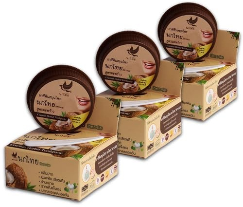 NOKTHAI Kokos Whitening-Zahnpasta Set 3x25g – Konzentrierte Thai Kräuter-Zahncreme ohne Fluorid mit Kokosnuss-Extrakt – Natürliche Aufhellung gegen Verfärbungen – Reisegröße Dosen, Sparsam