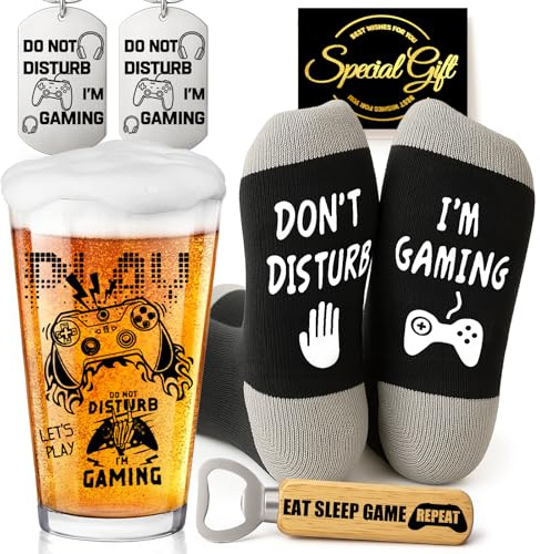 Joybble Birthday Gifts for Boys, Valentine's Day Gifts, Birthday Gifts for Gamer, Birthday Son Gifts from Dad, Mum, Personalised Gift Beer Glasses, Beer Glass Set with Funny Socks & Opener