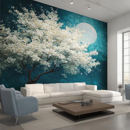 Generisch Vlies Fototapete Magnolien Baum 400x280 cm, Tapete Türkis Weiß Tapeten Vliestapete Wohnzimmer Ölgemälde Pflanzen Schlafzimmer Wandtapete Ornamente Mustertapete W&66