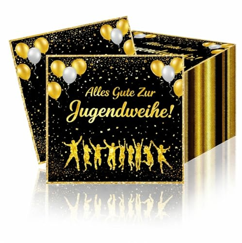 50 Stück Jugendweihe Servietten Schwarz Gold Alles Gute Zur Tischdeko für Jungen und Mädchen Partyzubehör jugendweihe deko zum Erwachsenwerden Papierservietten 33x33cm Jubiläum Deko