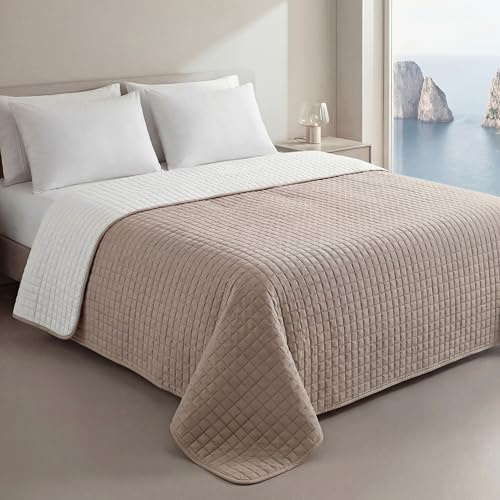 Clara Home Milano Copriletto Trapuntato Capri in Microfibra Manopesca, Double Face, Trapuntino Primavera Estate, Qualità Premium, Made in Italy, Coperta Letto Matrimoniale, Colore Beige