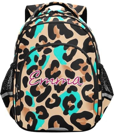 RPLIFE Sac à dos d'école léopard turquoise pour garçons et filles, nom personnalisé, sac à dos pour enfants, garçons de 6 à 12 ans, Léopard Turquoise, 15 Inch, Sacs à dos traditionnels