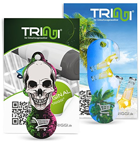 TRIGGI® der Einkaufswagenlöser – Einkaufswagenchip abziehbar, 2er Set: Beach-Motiv mit Flaschenöffner-Funktion und Totenkopf-Motiv, Chip Einkaufswagen, Schlüsselanhänger