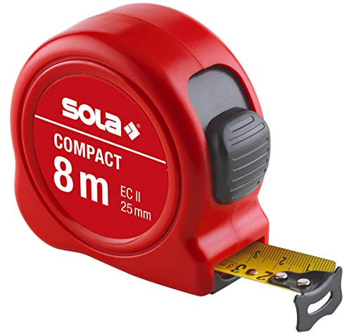 SOLA COMPACT - Bandmaß 8m / 25mm - Taschenbandmaß mit Gürtelclip - Stahlband, gelb lackiert mit mm Skala - Genauigkeitsklasse II - Rollmeter mit beweglichem Endhaken - Metermaß Länge - 3m, 5m, 8m