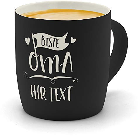 printplanet® - Kaffeebecher mit eigenem Text graviert - SoftTouch Tasse mit Wunschtext - Matt-gummierte Oberfläche - Farbe Schwarz - Motiv: Beste Oma