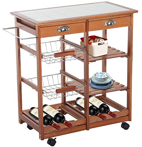 BAKAJI Carrello Cucina Legno con Cassetti Portaposate 2 Ripiani 2 Cesti Estraibili in Metallo e Portabottiglie Piano da Lavoro Piastrellato Dimensione 74 x 37 x 76 cm
