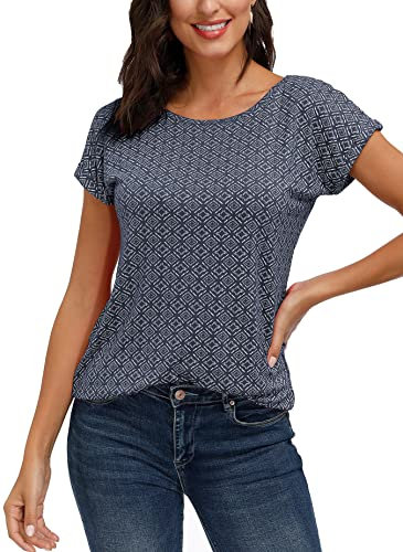 TrendiMax Camiseta Casual Mujer Verano Camisas Mangas Cortas T-Shirt Estampados Blusas Tops Azul S