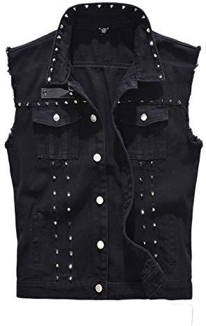 Herren Ärmellose Niet Jeans Weste Fit Beiläufige Cowboy Denim Jacke Weste Slim Fit Beiläufige Weste Jeansjacke Freizeitjacke Denim Vest Jeansweste,Schwarz,XXL