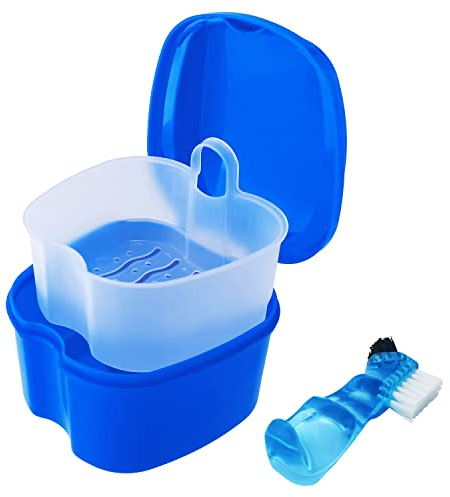 Dental Retainer Cup Holder Mouthguard Cleaning Case with Strainer Basket, Denture Bath Box Storage Cup Holder for Travel Cleaning - Dark Blue