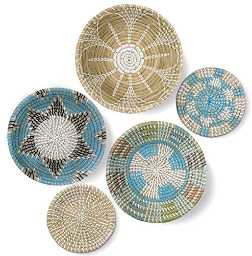 COYACOOL Gewebter Wandkorb zum Aufhängen, Korbgeflecht, Dekor, Boho, flach, 5 Stück, Boho-Wanddekoration, Kunst, afrikanische Körbe für Wand, Seegraskorb, rund, Boho-Wanddekoration, 19,8 cm bis 34 cm