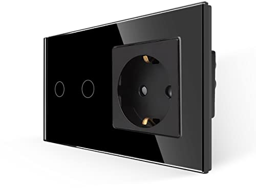 JIMEIDA Enchufe con interruptor de luz negro, interruptor de luz táctil de cristal con enchufe empotrado, interruptor de pared de 2 vía con LED de estado
