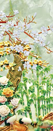 A.Monamour Sticker Porte Autocollant Poster De Porte 3D Fleur De Bambou Vert Arbre Paon Oiseau Sculpture Effet 3D Vinyle Affiche De Porte Sticker Mural Papier Peint Art Décor 95 x 215 cm