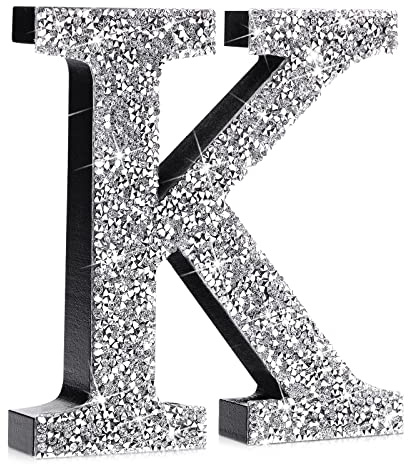 Qunclay Silver Crystal Diamond Bling Letters Crushed Diamond Decoration Wooden Glitter Letter with Screw and Hooks Rhinestone Gift for Valentine Y2k Mcbling Bedroom Wall Decor(Letter K,5.7l X 5.7w)