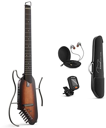 Donner HUSH-I Travel Guitar - Guitarra Acústica Eléctrica Portátil, Ultraligera, Silenciosa, Cuerpo de Caoba con Soporte Desmontable, Bolsa de Transporte y Accesorios