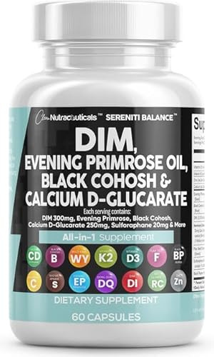 Clean Nutraceuticals DIM Evening Primrose Black Cohosh Calcium D-Glucarate Sulforaphane Flax Seed Extract - Hormonal Support Vitamins for Women with Dong Quai - 60 Caps