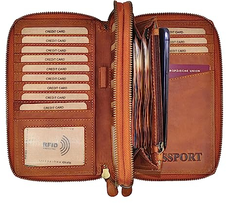 Benthill Geldbörse XXL Echt Leder RFID - Großes Portemonnaie mit Handyfach - Reisebrieftasche - Damen & Herren Dokumententasche, Farbe:Braun