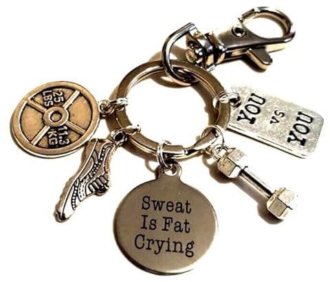 Silver Knight Motivational 'Sweat Is Fat Crying' 'You v You' Dumbbell, Weights, Running Shoe Keychain, Fitness Bag Charm, Bodybuilder, Weightlifter Keyring