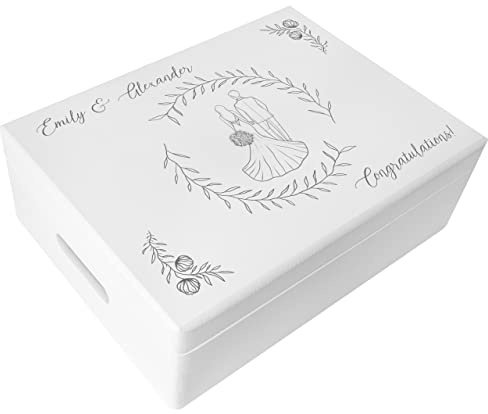 Creative Deco Weiße Geschenk zur Hochzeit Erinnerungsbox Hochzeit | Personalisiert Geschenkkiste für Brautpaar JGA | Pärchen Hochzeit Motiv | Holzkiste mit Deckel | Farbdruck | 40 x 30 x 14 cm