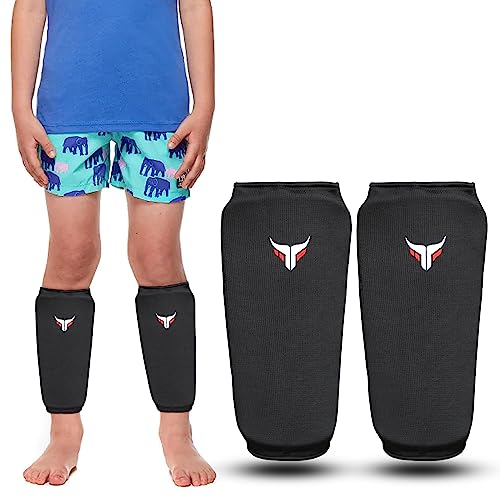 Mytra Fusion Protège Tibia Enfants pour Boxe, MMA, Muay Thai, Entraînement, Sparring, Kickboxing, Arts Martiaux - Elastiqué (XS, Noir)