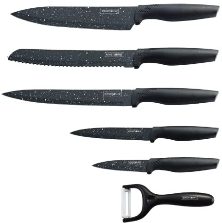ROYALTY LINE, RLMB5, Juego de 5 cuchillos de cocina de acero inoxidable antiadherentes con mangos ergonómicos, diseño moderno, fácil de limpiar - Negro, tamaño estándar