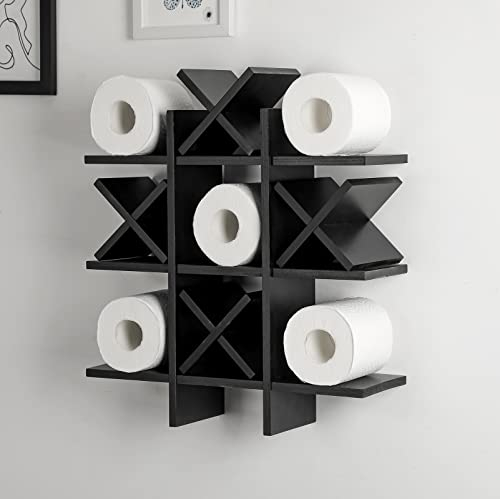 Weysat Tic Tac Toe Toilettenpapierhalter, Ständer, Toilettenpapier-Aufbewahrung, Badezimmer-Dekoration, rustikale Holzaufbewahrung, freistehend, wandmontiert, Regale, Dekoration für Toilettenpapier,