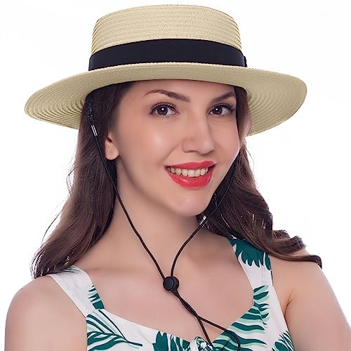 HEYANN Chapeau de Paille Femme été Panama Beige Unisexe Chapeau de Paille Chapeau de Soleil pour Homme et Femmes Fedora de Paille Chapeau de Soleil pour Plage Voyage (Beige-L)