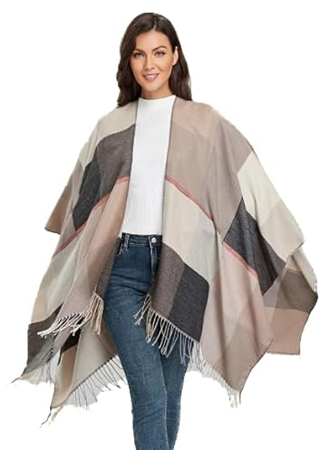 LA FERANI Poncho Damen Winter Beige Grau Vintage Style Cape Mantel Überwurf Wolle 150x130cm Geschenk für Sie