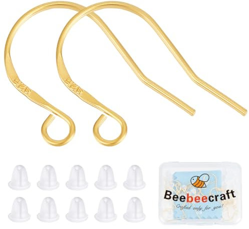 Beebeecraft 1 Box 20Pcs Earring Hooks 18K Gold Plated Sterling Silver French Earring Hooks Ear Wires Earwire Connectors with 50Pcs Clear Rubber Earring Backs for DIY Jewellery Earring Making