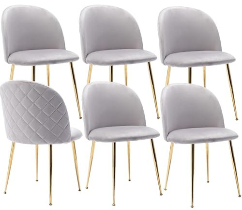 JINPALAY Set 6 pezzi Sedie Velluto Sala da Pranzo Moderne Sedie Imbottite Cucina Grigio con Alto Schienale per Camera da Letto Soggiorno Gambe in d'Oro Metallo Regolabili (Grigio, 6)