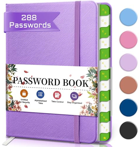 Passwortbuch mit alphabetischen Registerkarten – tragbar für Senioren, perfektes Taschenformat 12 x 15,5 cm Kleine Internet-Passwortverwaltung – violett
