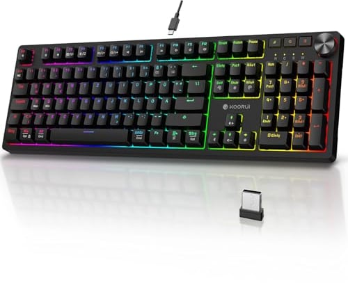 KOORUI Gaming Tastatur, Mechanisch Tastatur Kabellos/Kabelgebunden/Bluetooth RGB Keyboard Wiederaufladbare Batterie Full Size Tasten Deutsches Layout QWERTZ für Windows MacOS Linux-Blauer Schalter