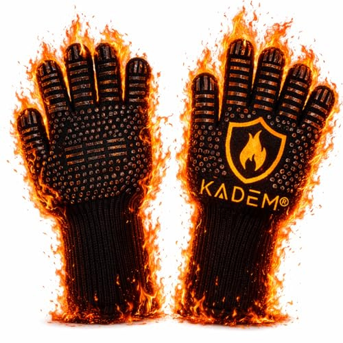 Unisex Aramid Backofenhandschuhe Grillhandschuhe Hitzebeständig bis 800 °C | Ofenhandschuhe Kochhandschuhe | feuerfest rutschfest | Goldflamme L/XL