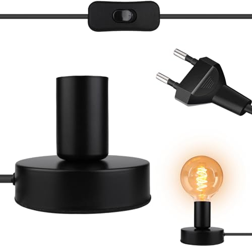 Leikurvo Lampada da scrivania portalampada E27 con interruttore cavo, vintage, lampada da tavolo, piccola lampada da comodino E27 con spina, per decorazione domestica, bar, colore nero (senza lampada)