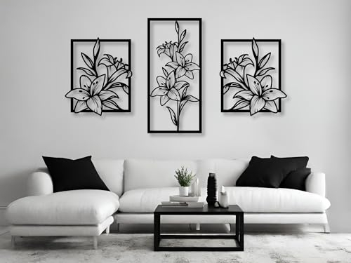 VAILLA ® 3er set Blumen Wanddeko, Blume Wanddekoration aus Holz, Wandbilder Home Dekoration, 3D Wall Art, Große Wand Deko, Bilder für Schlafzimmer, Wohnzimmer und Küche (Blumen 10)