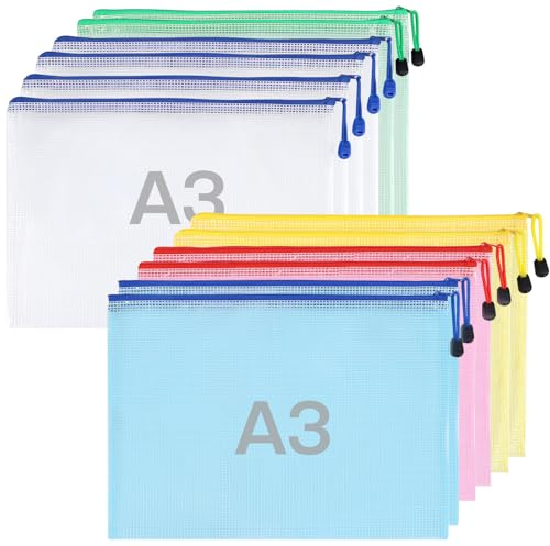 12 Stück Wasserdichte Dokumententasche A3 - Zanfqvo Dokumentenmappe A3 Mesh Kunststoff - Beutel mit Reißverschluss und Etiketten - für Datei, Papier, Reise, Schminktasche (5 Farben)