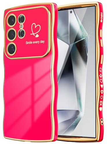 MINSCOSE for Samsung Galaxy S22 Ultra Phone Case,Luxury Cute Curly Wave Frame with Love Heart Plating Pattern,Raised Full Camera Lens Protection Cover for Women Girls for Galaxy S22 Ultra-Hot Pink