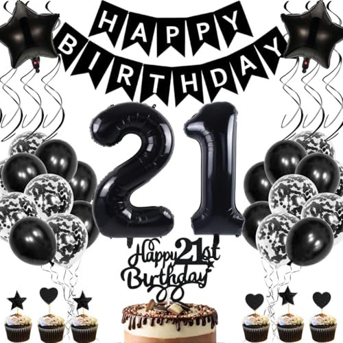 Anlgdi Geburtstagsdeko 21 Jahre Mann Frau, Luftballons 21. Geburtstag Dekoration, Schwarz Tortendeko Geburtstags 21 Jahre Frauen, Folienballon Zahl 21 Schwarz, Deko 21. Geburtstag Männer