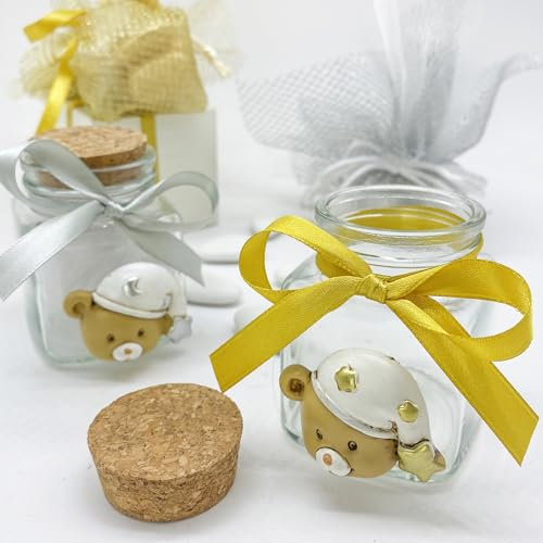 Doni Bomboniere Nascita 6PZ Barattolino Ermetico con Tenero Orsetto Bimbo Bimba Bambina Gadget Idee Originali Economiche Cappellino da Notte Stelle Oro O Argento Regalo Complete