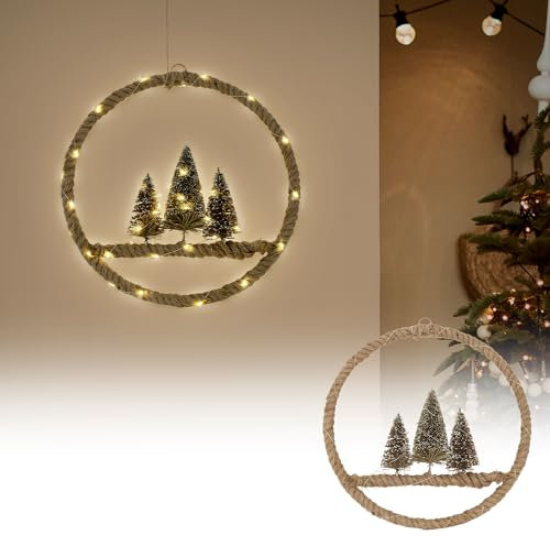 ECD Germany LED Jute Kranz Ø37cm mit 50 warmweißen LEDs, Deko Weihnachtskranz mit 3 Tannen, Jutesäckchen, batteriebetrieben und Timer, Hängekranz aus Seil, Lichterkranz Türkranz Weihnachtsdeko Innen