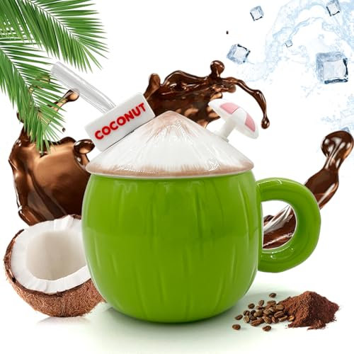 Tasse mit Deckel und Strohhalm - Lustige Tassen Kokosnuss Kaffeetassen Witzige Teetassen Keramik Trinklernbecher Kaffeebecher Porzellan Coffee Cup Geschenk für Frauen Freundin Mugs Bürotasse 430ml