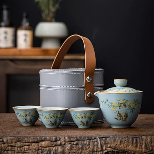 RORA Travel Tea Set - Portable Kungfu Ceramic Teapot Set with 1 Pot & 3 Cups, Calico Cat & Yellow Flowers Design, Ru Kiln Inspired, Perfect for Tea Lovers (Blue)