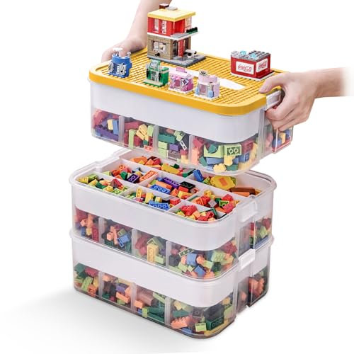 OSTWOLKE Aufbewahrungsbox mit Deckel für Lego, 3 Ebenen Bausteine Boxen Aufbewahrung, Transparente Sortierboxen Kleinteile Stapelbar Kunststoff, Trennbare Aufbewahrungsboxen für Handwerk, Accessoire