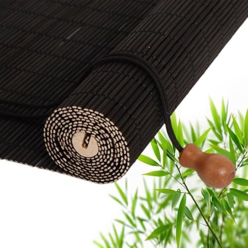 Customizable Bamboo Roller Blinds, Light Filtering Hanging Roll Up Shades, Sun Shade Dustproof Decorative Curtain, Screen Partition Blind, Easy to Install, for Indoor/Outdoor/Garden(A-Black)