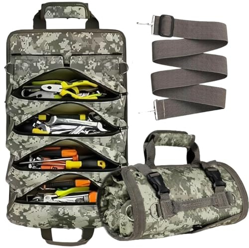 Tool Bag Roll Up, Heavy Duty Rolled Empty Tool Storage Organization, Portable Foldable Rollup Organizer with 2 Small Pouches, Rollable Carrying Toolbag, Dad Men Mechanic Birthday Gifts (Camouflage)