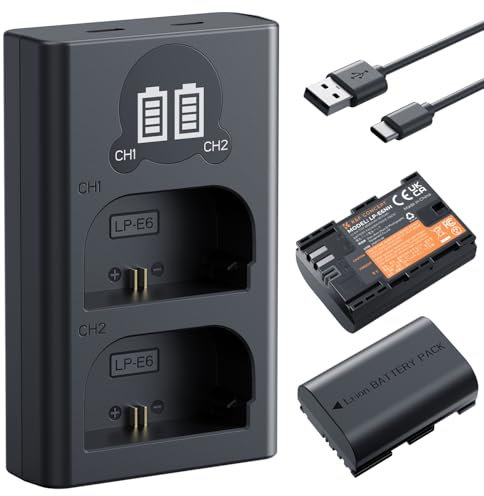 K&F Concept LP-E6NH Replacement Battery and Charger Set, 2 Pack 2600mAh Batteries for Canon EOS R7 R6 R5 5D Mark II/III/IV 6D 6D Mark II 7D II 90D 80D 70D