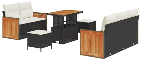 vidaXL 8-teiliges Garten-Sofa-Set mit Kissen in Schwarz, aus Poly Rattan und Akazie. Bequeme Gartenmöbel für Terrasse und Balkon, modular und wetterfest.