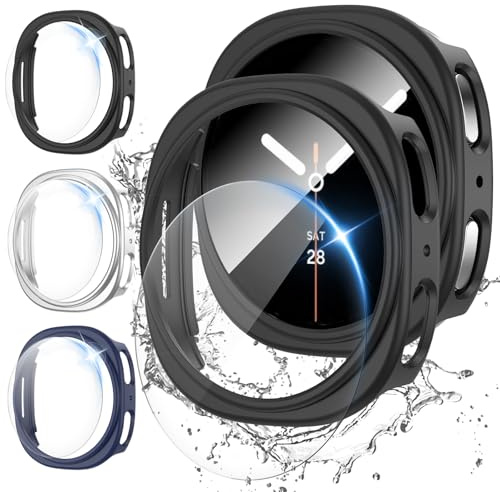 3 Stück Schutzhülle + 3 Stück Displayschutz für Samsung Galaxy Watch 8 Hülle (40mm)-Hart PC Bumper Hülle + HD Gehärtetes Glas Kratzfest DisplayFolie-Schwarz/Silber/blau