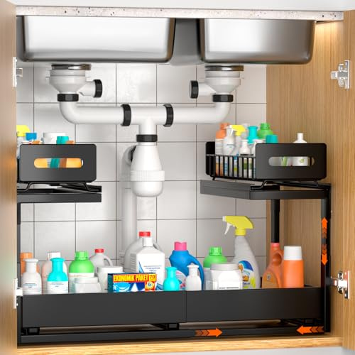 BLYLUND Under Sink Storage Kitchen Organiser 2 Tier Pull Out Cupboard Under Sinks Organisers with Slide-Out Drawers, Height Adjustable Shelf Storage for Kitchen Organization Drawer(Black)