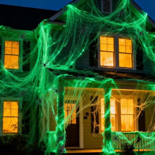 Gubuyi 100g Leuchtendes Spinnennetz mit 30 Spinnen, Outdoor Innen | Halloween Spinnennetz Leuchtend, Glow-in-the-Dark Halloween Deko, Dehnbare Spinnweben Dekoration, Horror Party Dekoration